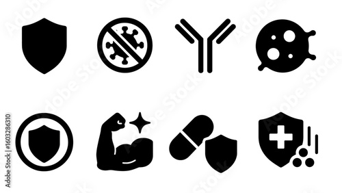 Set of immunity icons: shield, virus protection, antibody, cell, strength, pill, health defense.