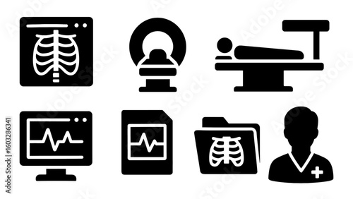 Set of radiology and diagnostic icons: X-ray, MRI, CT scanner, monitor, file, doctor, patient.