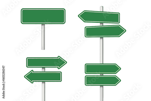 Blank Green Road Direction Signs Vector Set. 3D Directional Arrows. Empty Guideposts with Metallic Poles. Transparent Background. Navigation, Decision, Choice, Street Guide, Urban Wayfinding Concept