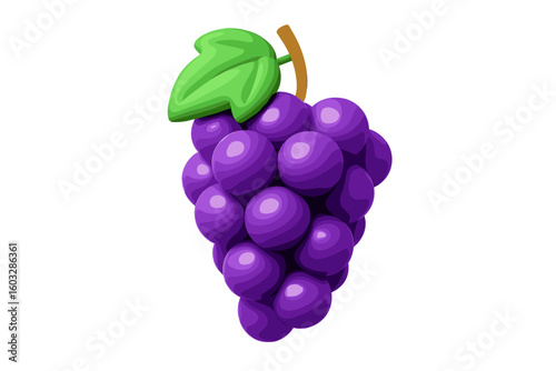 Realistic 3D Grapes Cluster with Leaf and Stem, Fresh Organic Fruit Illustration, Healthy Food Concept, Ripe Purple Vine Grapes, Isolated on Transparent Background, Modern Digital Art