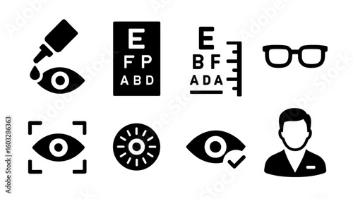 Set of ophthalmology icons: eye drops, eye chart, glasses, vision test, contact lens, doctor.