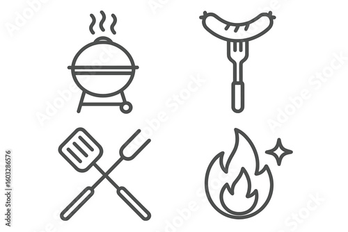 Barbecue and grill icon set. BBQ party, picnic, cookout concept. Vector line icons for web and apps. Sausage on fork, kettle grill, spatula, fire flame. Outdoor cooking graphic.