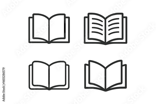 Minimalist Open Book Vector Icons Set for Digital Library, Reading, Education, Publishing, eBook, Bookstore, Knowledge Concept, Outline Illustration Collection, Modern Simple Design