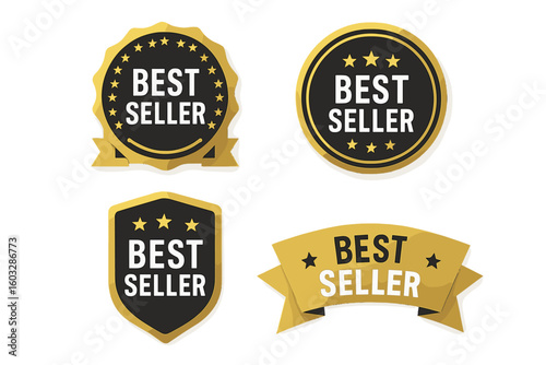 Premium Best Seller Badges Collection – Gold and Black Vector Emblems, Award Seal, Bestseller Ribbon, Top Product Label, Luxury Design, Certification Stamp, Isolated on Transparent Background