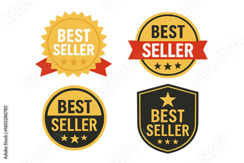 Best Seller Badges Collection Vector Set – Gold Award Labels, Bestseller Medals, Top Seller Badges, Star Ratings, Seal Stamps, Marketing Promotion Icons, Commercial Quality, Transparent Background