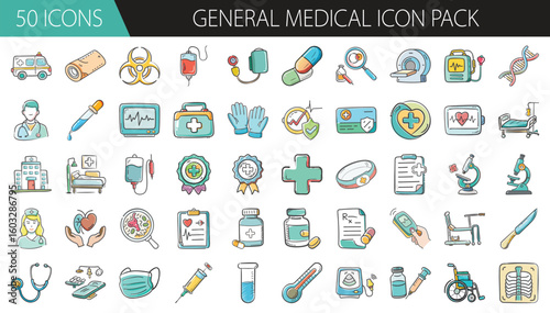 General Medical Icon Pack with 50 Healthcare and Hospital Symbols - A comprehensive set of 50 cartoon-style general medical icons, featuring tools, treatments, staff, and health symbols for clinics