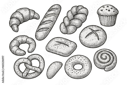 Bakery bread and pastry set. Hand drawn vector doodle illustration. Vintage sketch collection of croissant, baguette, pretzel, donut, muffin, challah, bun, and loaf.