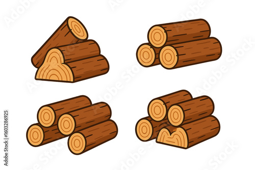 Cartoon Firewood Log Piles Set of 4. Vector Illustration Collection of Stacked Timber Logs. Rustic Woodpile Elements on Transparent Background for Campfire, Fireplace, Lumberjack Concepts