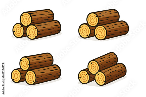 Cartoon Firewood Log Pile Collection Set, Four Stacked Timber Log Groups, Rustic Wood Fuel Illustration Isolated, Lumberjack Campfire Woodpile Clipart, Transparent Vector Design