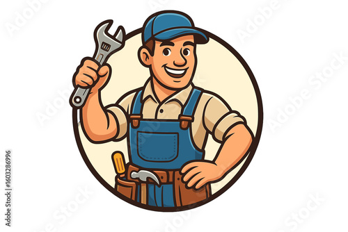 Cartoon handyman mascot logo. Vector emblem of a friendly worker character with a wrench for repair service. Plumber or mechanic man for construction and home improvement.