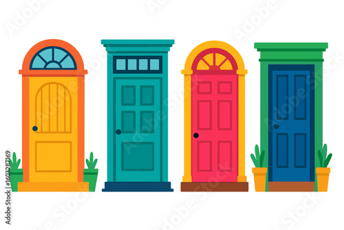 Colorful front doors set. Vector illustration of various entrance doorways. Flat design architectural elements for house or home exterior. Isolated on transparent background.