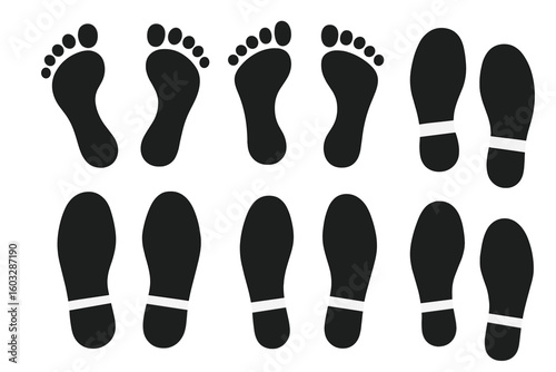 Set of black human footprints and shoe prints. Vector illustration of a walking path or trail. Silhouette collection of bare feet and shoe sole imprints for design.