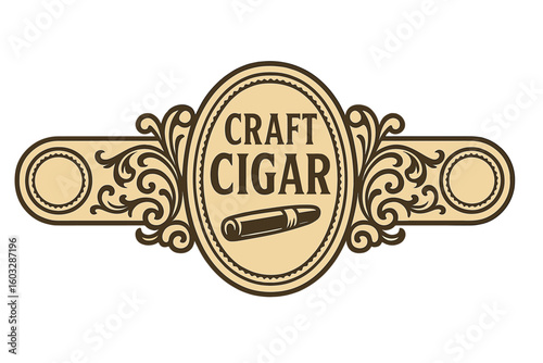 Craft cigar label vector illustration. Vintage retro design for luxury tobacco. Ornate, elegant emblem with filigree. Classic gentleman's smoking club badge template.