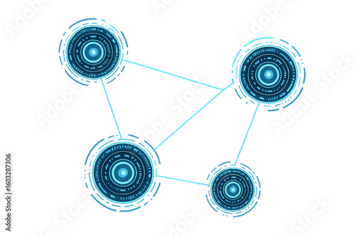 Abstract futuristic network nodes connection. High-tech technology background. Digital communication, data science, AI, cyber security, and IoT concept. Vector graphic element.