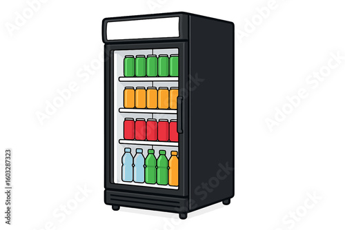 Commercial drink refrigerator with glass door full of colorful soda and juice bottles and cans. Supermarket beverage cooler display vector illustration isolated on white.