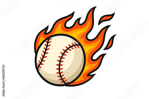 Flaming baseball vector illustration. Burning ball with fire flames for sport logo or team mascot design. Fastball concept for competition, championship, or game. Hot speed.