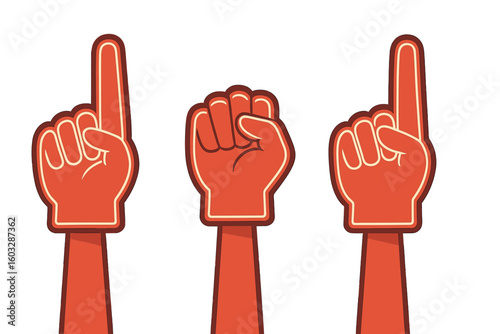 Fan foam fingers and hand vector set. Number one and fist gestures for sports supporters. Team cheering glove icon collection. Gameday equipment for championship celebration.