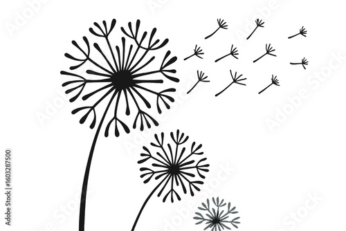 Black dandelion silhouette with seeds blowing in the wind. Abstract vector illustration. Concept of freedom, change, hope, and making a wish. Nature plant graphic element.