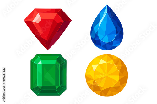 Set of colorful gemstones. Vector jewel collection. Ruby, diamond, emerald, sapphire icons. Realistic precious stones isolated on transparent background for game or jewelry.