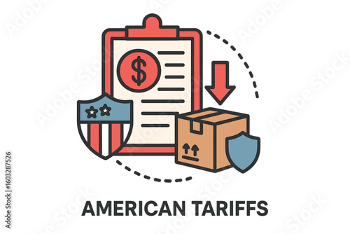 American tariffs and US government import taxation. Trade war policy, domestic market protectionism concept. Vector icon for customs duty, international trade tax, and embargo.