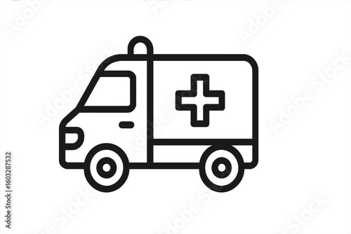 Ambulance car icon for emergency medical service. Hospital transport vehicle symbol. Paramedic first aid sign for healthcare app. Line art vector illustration isolated on white.