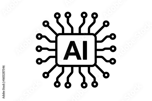 Artificial intelligence AI icon. Technology chip processor. Digital brain, machine learning, neural network concept. Future tech vector logo. Circuit board data processing.