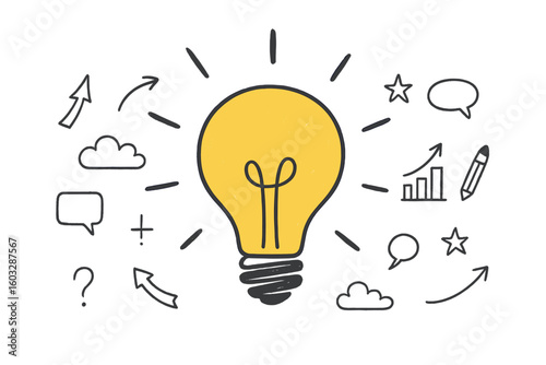 Lightbulb idea concept. Creative doodle background. Innovation and inspiration symbol. Hand drawn sketch for business strategy, marketing, startup. Solution and thinking process.