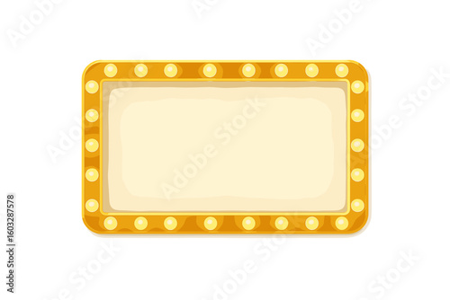 Blank retro golden rectangle marquee sign with glowing light bulbs isolated on transparent background, vintage cinema theatre billboard frame, illuminated vector template