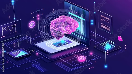 Artificial intelligence conceptual brain interacting with digital network technology