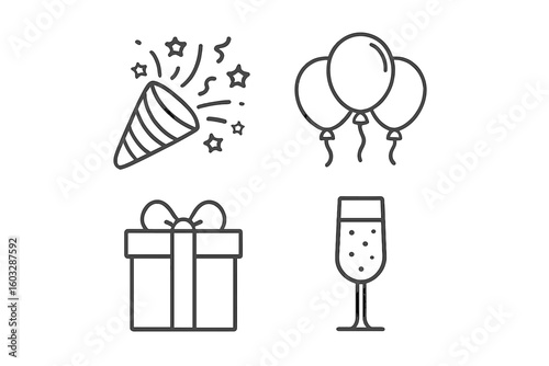 Celebration and party line icons set. Vector outline pictograms for events like birthday, new year, or holiday. Includes party popper, confetti, balloons, gift box, present, champagne.