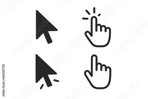 Cursor icon set with hand and arrow pointers. Mouse click symbol for web and computer navigation. User interface element. Vector select button for UI UX design project.