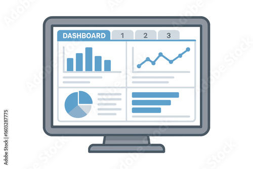 Data analytics and monitoring concept. Business intelligence dashboard on computer monitor screen. Admin panel with graphs and charts for finance and marketing report analysis.
