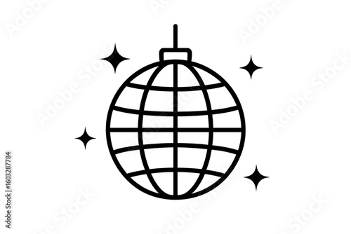 Disco ball icon with stars. Mirror ball symbol for nightclub party. Retro 70s dance music event sign. Glitterball vector illustration for celebration and fun nightlife.