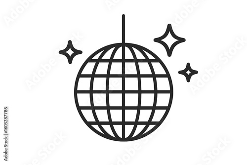 Disco ball line icon with stars. Nightclub party dance symbol. Retro 70s music celebration sign. Vector illustration for event, festival, or fun entertainment graphic design.