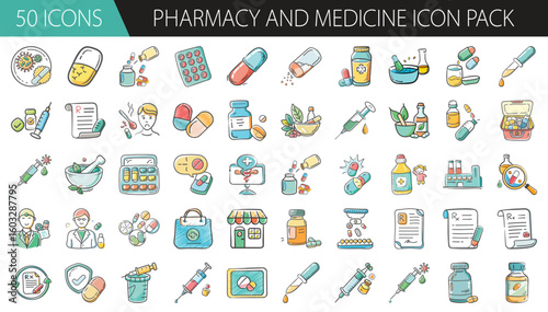 Pharmacy and Medicine Icon Pack with 50 Healthcare Elements - A colorful collection of 50 cartoon-style pharmacy and medicine icons, featuring pills, prescriptions, bottles, herbs, and pharmacists 