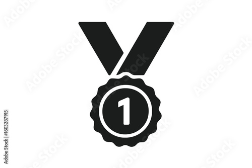 Winner medal icon for first place. Champion award with number 1. Victory prize symbol. Achievement and success concept. Leader reward sign. Simple black glyph vector.