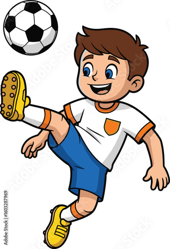 Energetic cartoon boy playing soccer, kicking football mid-air, sports uniform, outdoor activity, fun illustration, active child, athletic movement, game