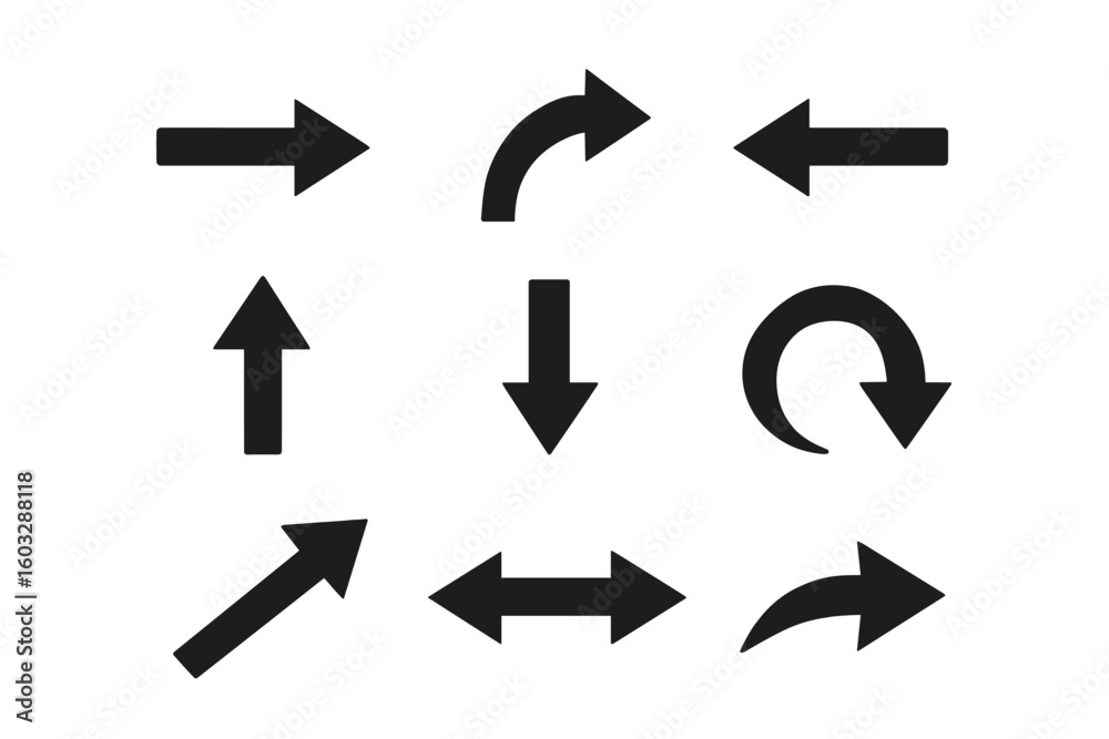 Bold Black Direction Arrow Icon Set. Minimalist Vector Isolated Collection of Straight, Curved, Rotating, and Bidirectional Arrows for Navigation, Web Design, Location, and Interface Directions Bold Black Direction Arrow Icon Set. Minimalist Vector Isolated Collection of Straight, Curved, Rotating, and Bidirectional Arrows for Navigation, Web Design, Location, and Interface Directions