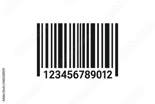 Barcode vector icon for product identification and tracking. Simple bar code with numbers for scanning. Universal tag for price, sale, and logistics. Digital data symbol.