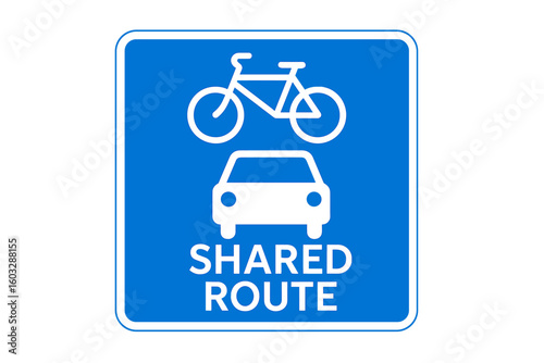 Bicycle and Car Shared Route Road Sign Vector. Urban Street Safety Symbol. Blue Square Traffic Signage. Cycling and Motor Vehicle Coexistence Icon. Shared Roadway Transport Communication Design.