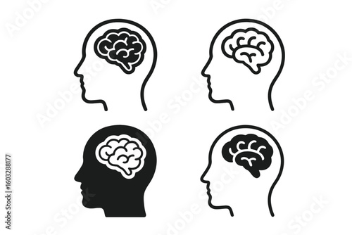 Head silhouette with brain icon set. Symbol of thinking, intelligence, and mental health. Psychology and neurology concept. Human mind, knowledge, ideas, and creativity vector.
