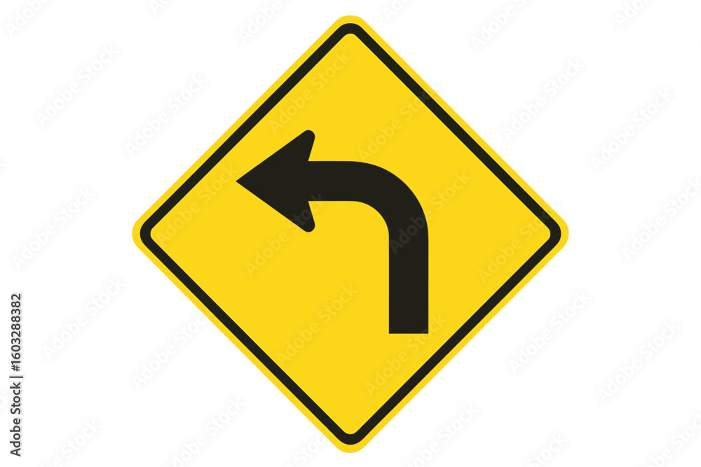 Sharp Left Turn Warning Road Sign on Yellow Diamond Background, Black Arrow, Traffic Safety Vector Illustration, Transparent PNG, Caution Driving Symbol for Dangerous Bends Sharp Left Turn Warning Road Sign on Yellow Diamond Background, Black Arrow, Traffic Safety Vector Illustration, Transparent PNG, Caution Driving Symbol for Dangerous Bends