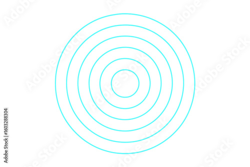 Concentric circular pulse with a cyan neon light effect. Abstract radar or sonar wave rings. Spreading soundwave or ripple effect vector. Target symbol graphic element.