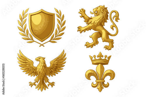 Golden heraldic emblem collection: shield with laurel wreath, rampant lion, eagle, crowned fleur-de-lis crest, coat of arms vector icons isolated on transparent background