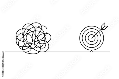 Continuous one line drawing of chaos to order. Problem solving concept from confusion to clarity. Metaphor for strategy, goal achievement, business process, and success.