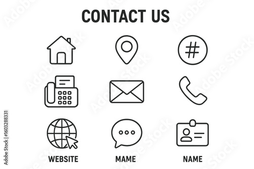 Contact us line icon set. Communication symbols collection. Vector icons for website and business card. Address, location, phone, email, fax, message, name, info.