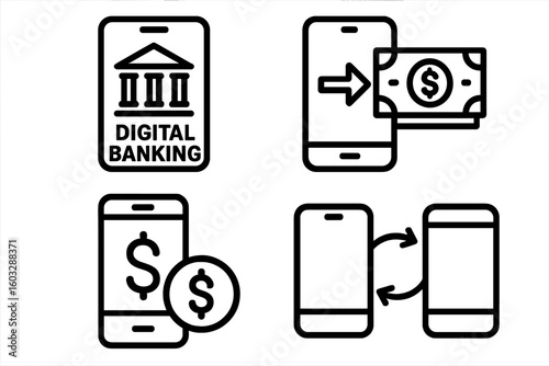 Digital Banking and Mobile Money Transfer Vector Icons. Smartphone Online Payment App, Dollar Transaction, Send and Receive Funds. Financial Technology, E-Banking, Mobile Wallet, Fintech Symbol Set