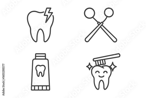 Dental care line icon set. Stomatology and dentistry vector symbols. Toothache, dentist tools, toothpaste, and teeth brushing icons for oral hygiene and health concepts.