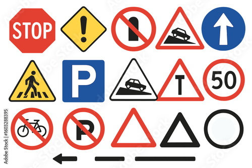Complete Set of Printable Road Traffic Signs and Symbols Vector—Stop, Speed Limit, Parking, Warning, No Entry, Pedestrian, Roundabout, and Regulatory Signs, Blue, Red, and Yellow Designs