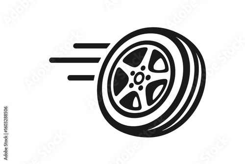 Fast car wheel icon with speed lines. Auto tire in motion for racing or transport service. Drive concept symbol. Vector illustration for logo design and web graphics.